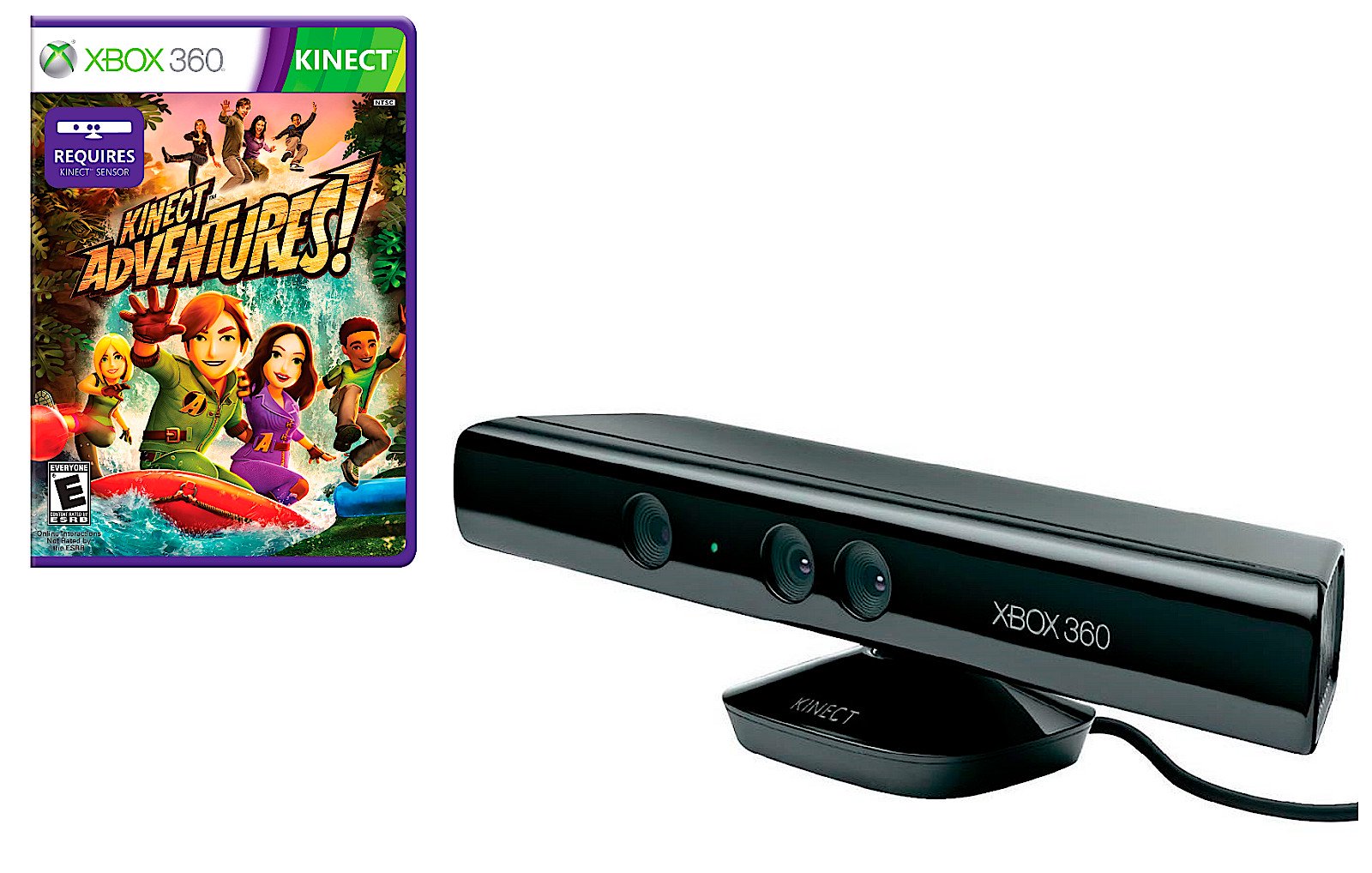 Authentic Xbox 360 Kinect Sensor Black + Kinect Adventures Game +