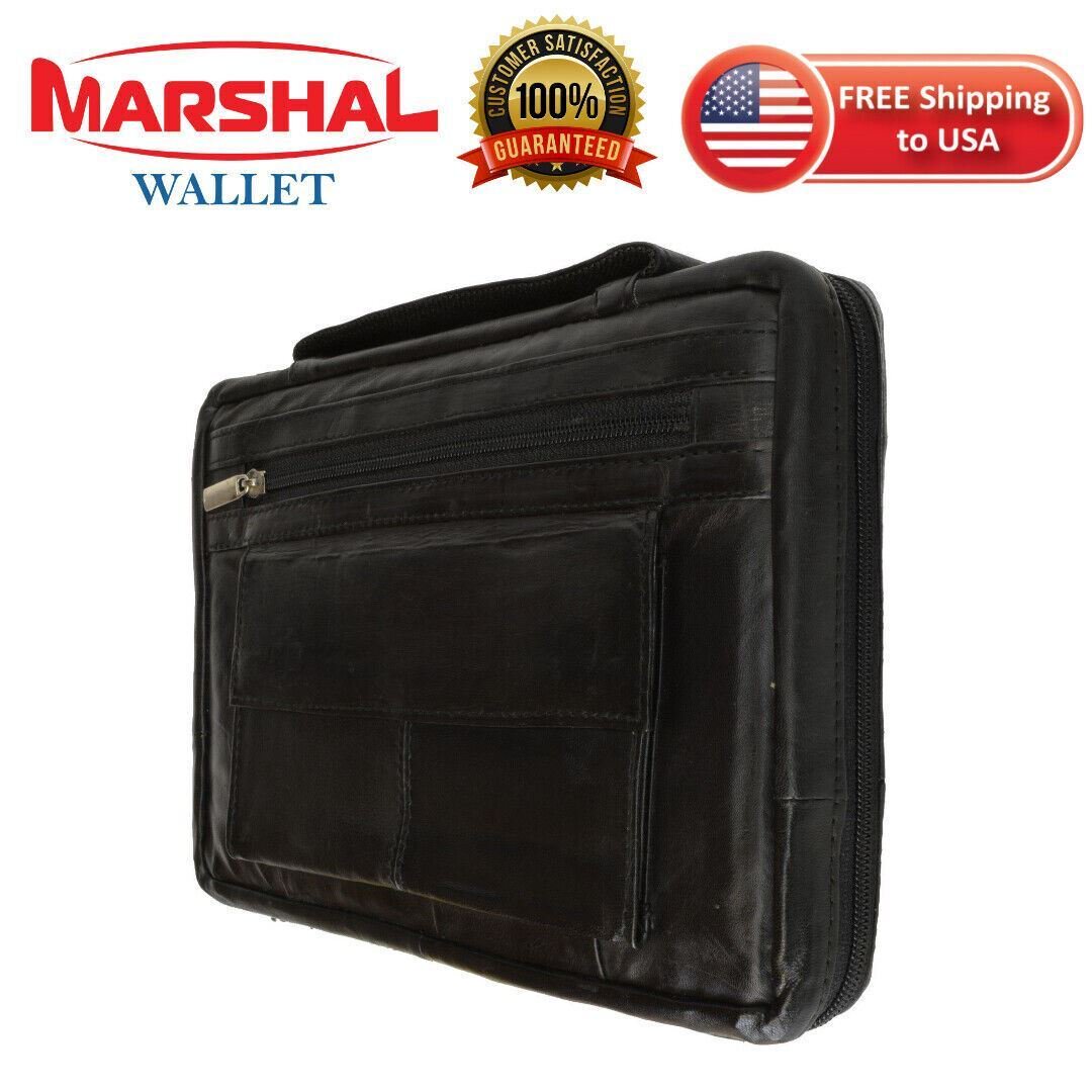 New Large Black Genuine Leather Bible/Book Cover Case Zippered Organizer